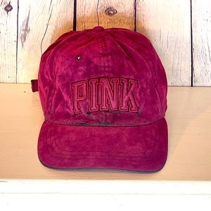 Pink- Victoria’s Secret  velvet, maroon colored hat, sports cap.